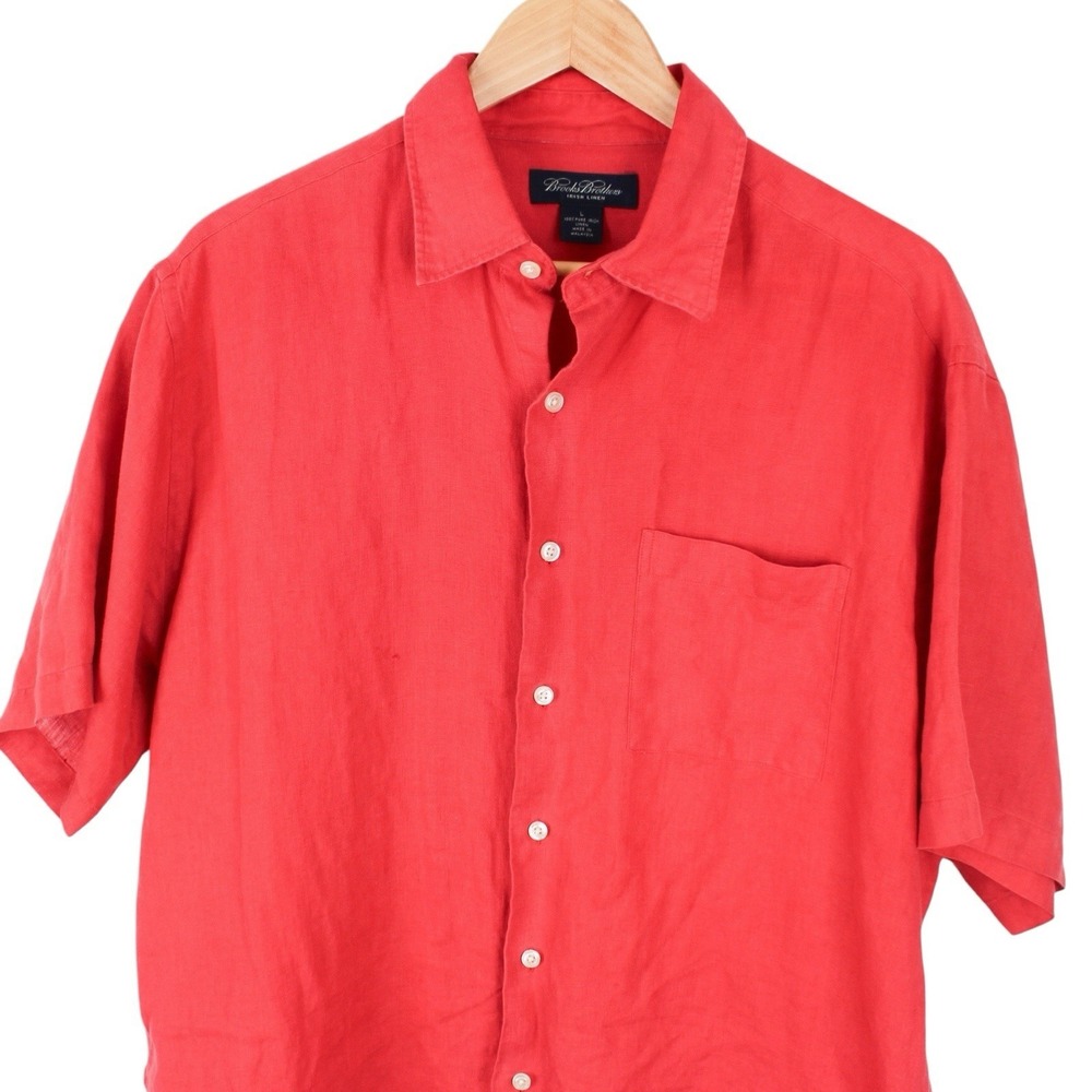 Brooks Brothers Irish Linen Button Front Shirt Red Short Sleeve Men's Large - Picture 2 of 4